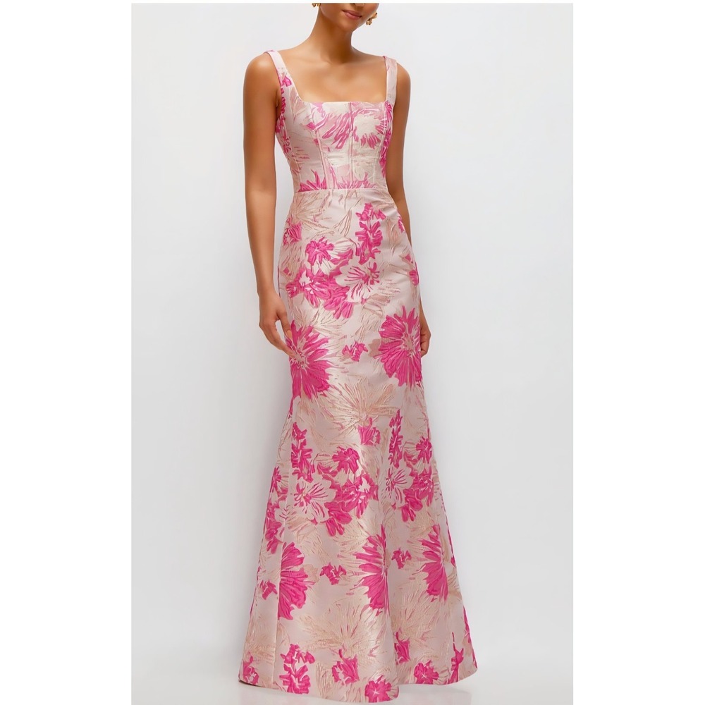 Dessy Collection Scoop Neck Formal Gown Hibiscus Pink Floral Metallic Dress, 2 R